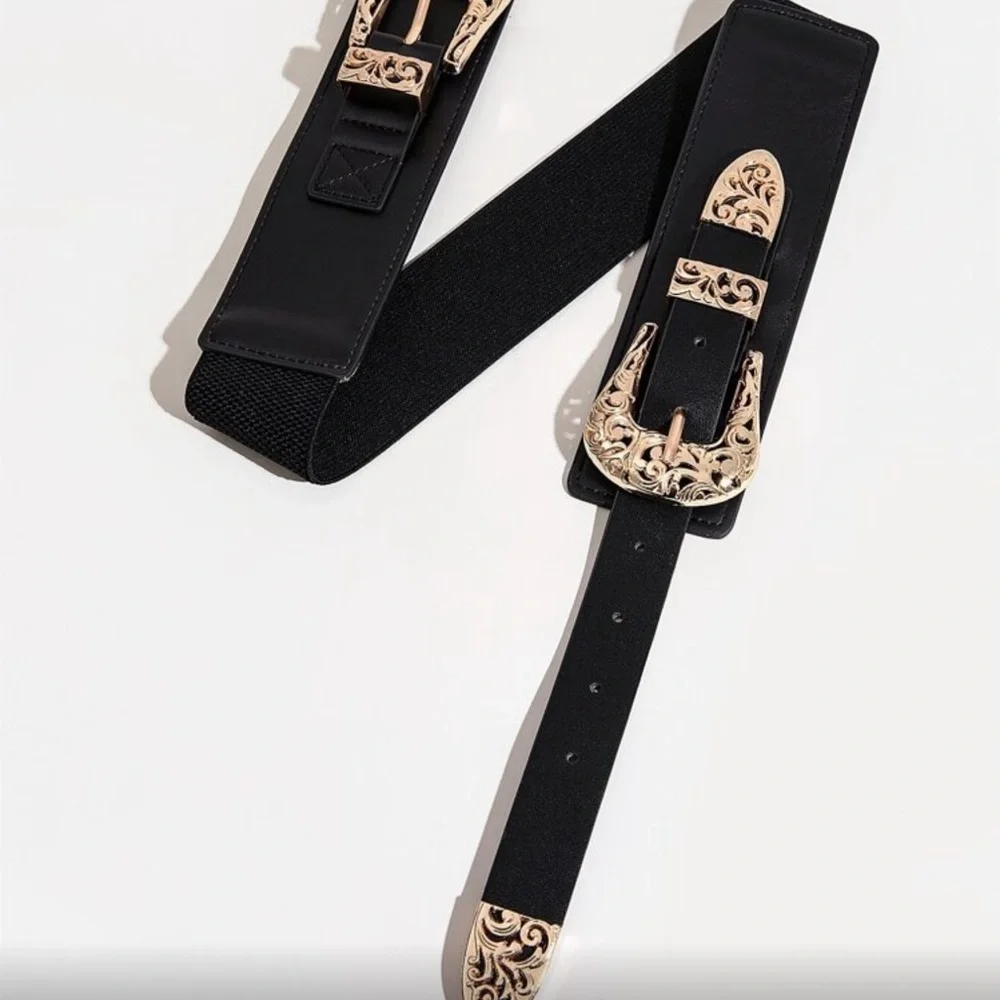 Elegant Black Western Double Buckle Belt with Gold Buckles